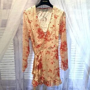 Hello Molly cute mini wrap dress ivory/red print MED